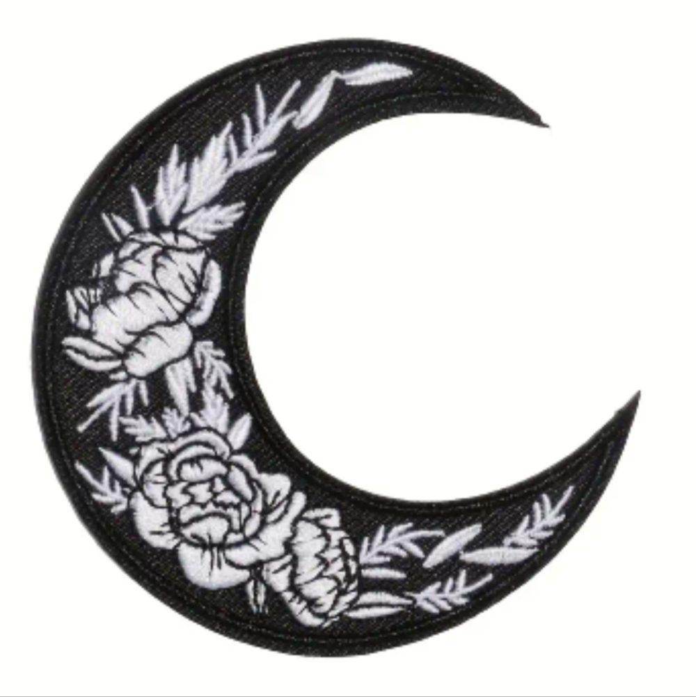 π Black Crescent Moon w/ White Roses Iron-On Patch
